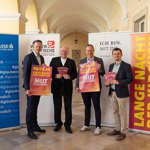 Foto: Bischof Alois Schwarz, Stefan Schmuckenschlager, Florian Haiderer und Andreas Steinmetz – gemeinsam laden sie zur Langen Nacht der Kirchen am 29. Mai ein.