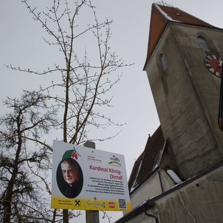 Ein Dirndlbaum dem Kardinal Franz König gewidmet vor der Kirche Kirchberg an der Pielach